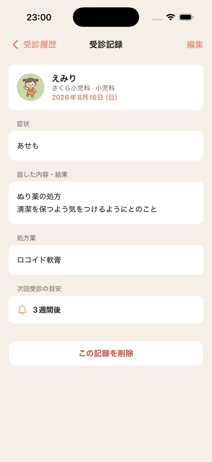 症状・話した内容・処方・次回の目安を残す受診記録の画面。